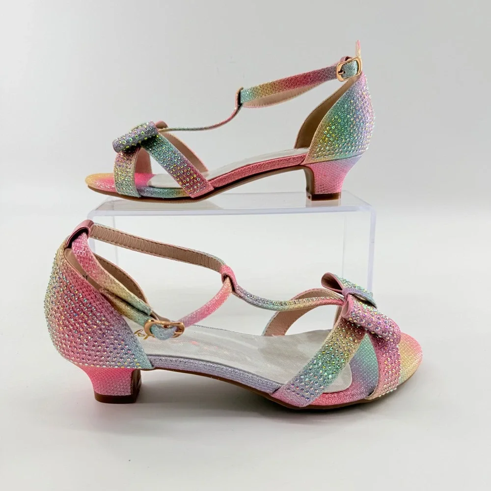 Girls 6 T-Strap Dress Sandals Pastel‎ Rainbow Ombre Rhinestone Bow Kitten Heel